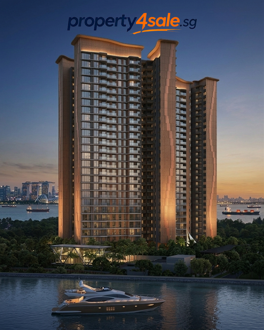 Luxury waterfront condominium tower at dusk with private yacht — property4sale.sg