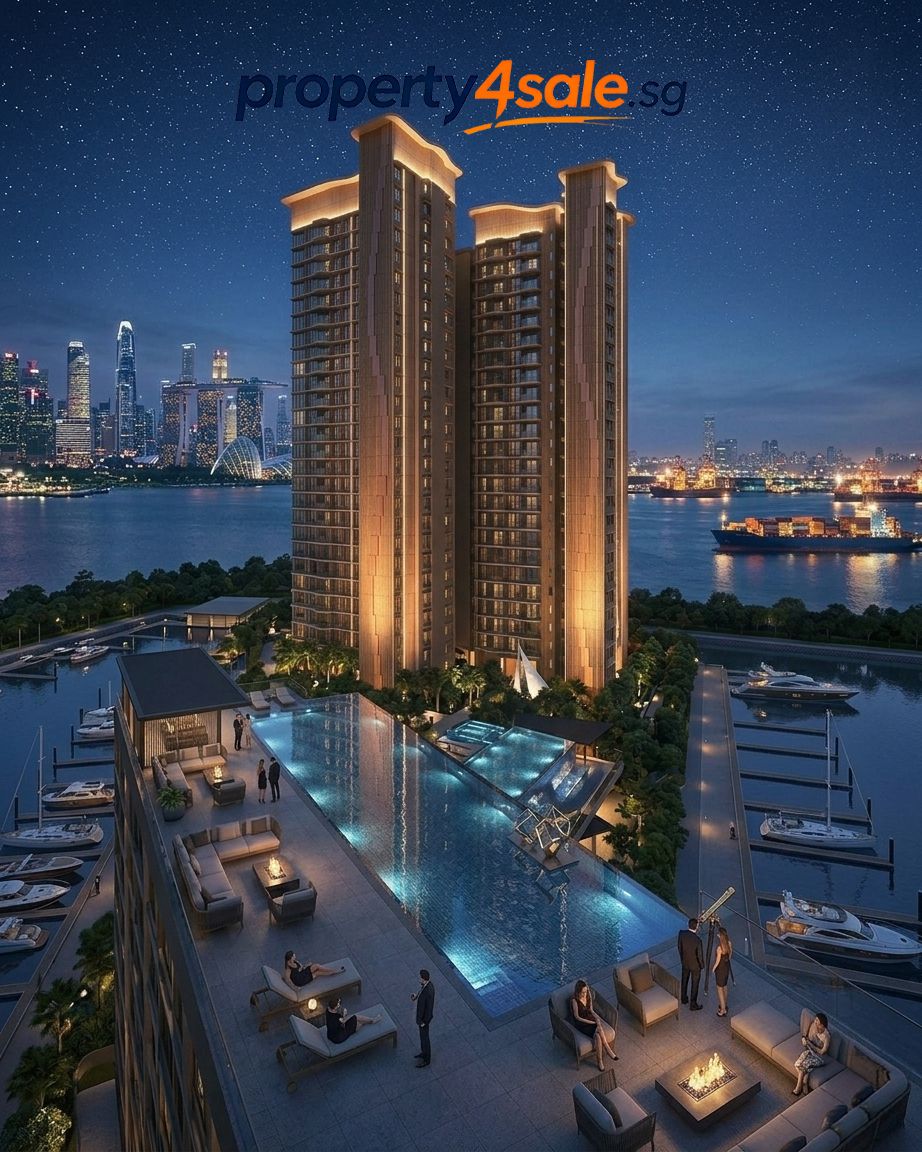 Premium twin-tower condominium at night with marina and infinity pool — property4sale.sg